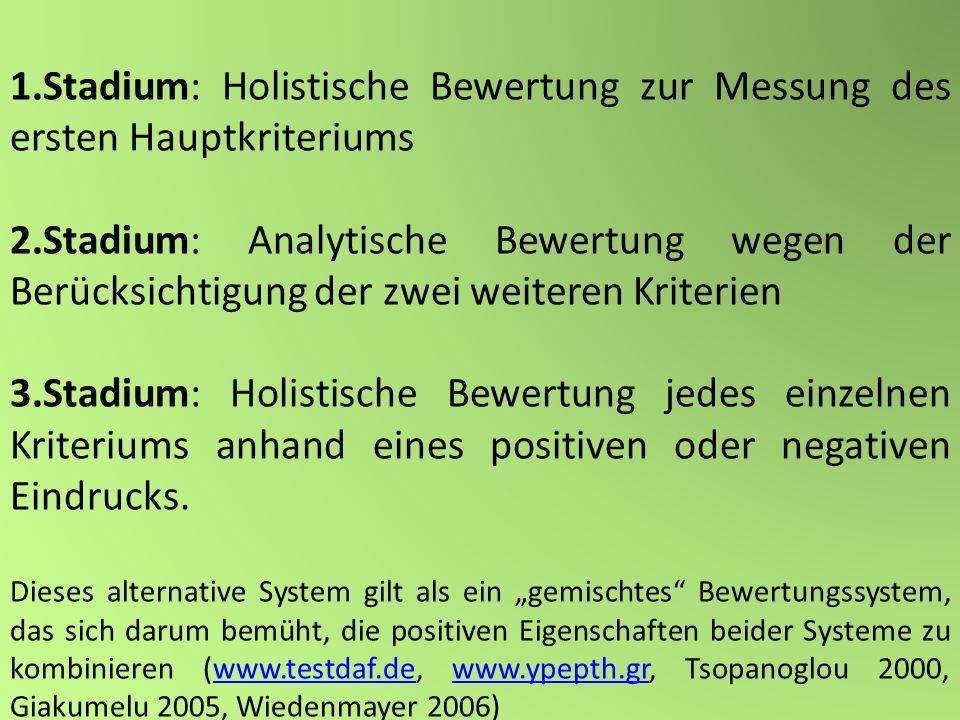 1.Stadium: Holistische Bewertung zur Messung des ersten Hauptkriteriums