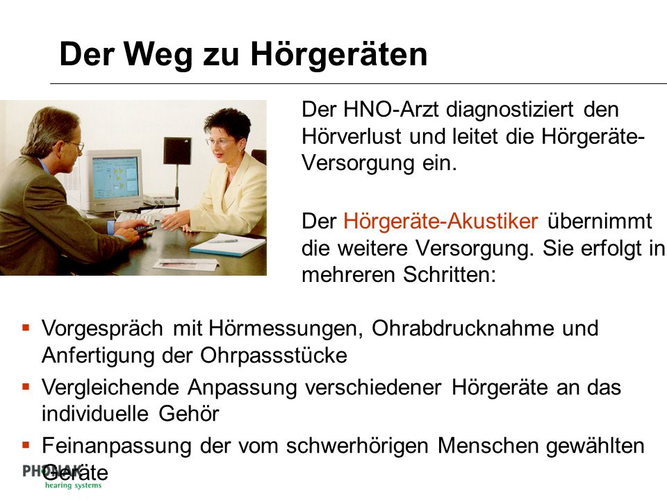 Der Weg zu Hörgeräten Der HNO-Arzt diagnostiziert den Hörverlust und leitet die Hörgeräte-Versorgung ein.