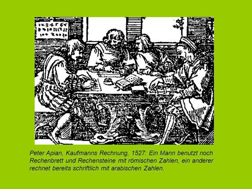 Peter Apian, Kaufmanns Rechnung, 1527: Ein Mann benutzt noch Rechenbrett und Rechensteine mit römischen Zahlen, ein anderer rechnet bereits schriftlich mit arabischen Zahlen.
