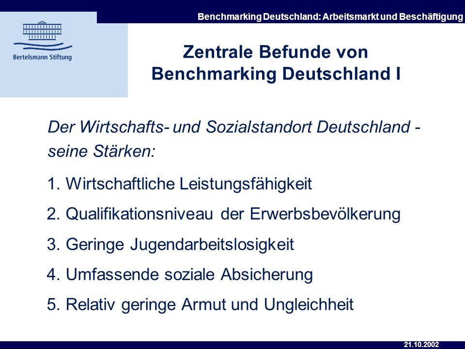 Zentrale Befunde von Benchmarking Deutschland I