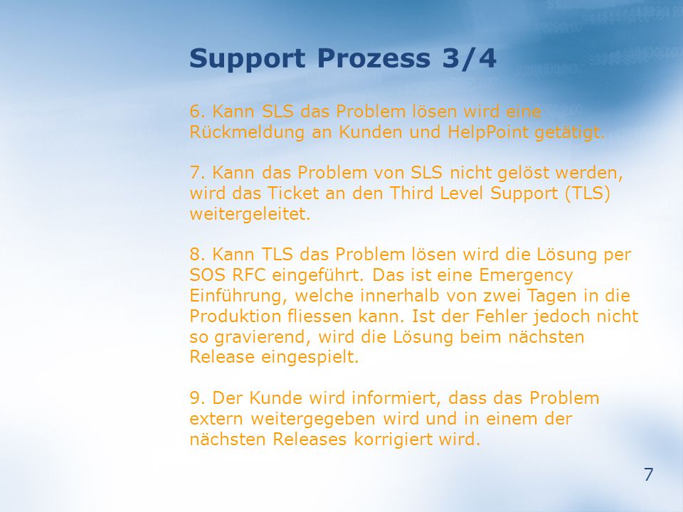 Support Prozess 3/4 6. Kann SLS das Problem lösen wird eine Rückmeldung an Kunden und HelpPoint getätigt.
