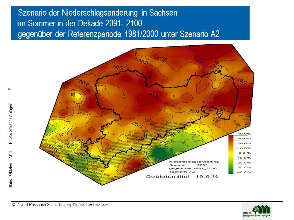 Szenario der Niederschlagsänderung in Sachsen im Sommer in der Dekade gegenüber der Referenzperiode 1981/2000 unter Szenario A2