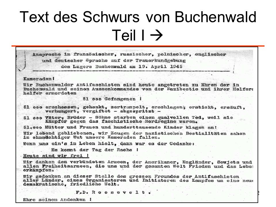 Text des Schwurs von Buchenwald Teil I 