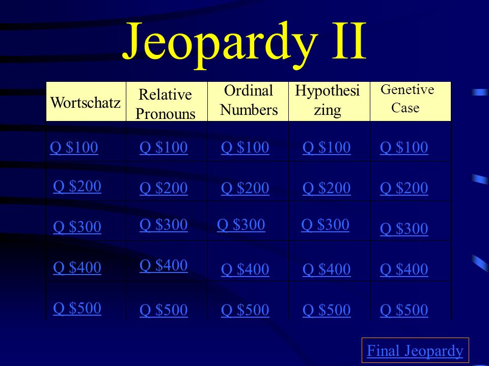 Jeopardy II Ordinal Numbers Hypothesizing Relative Pronouns Wortschatz