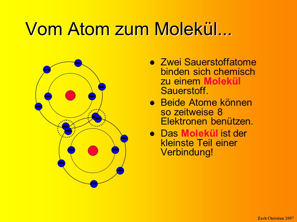 Vom Atom zum Molekül... Zwei Sauerstoffatome binden sich chemisch zu einem Molekül Sauerstoff.