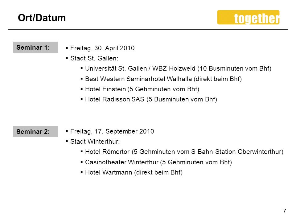 Ort/Datum Seminar 1: Freitag, 30. April 2010 Stadt St. Gallen: