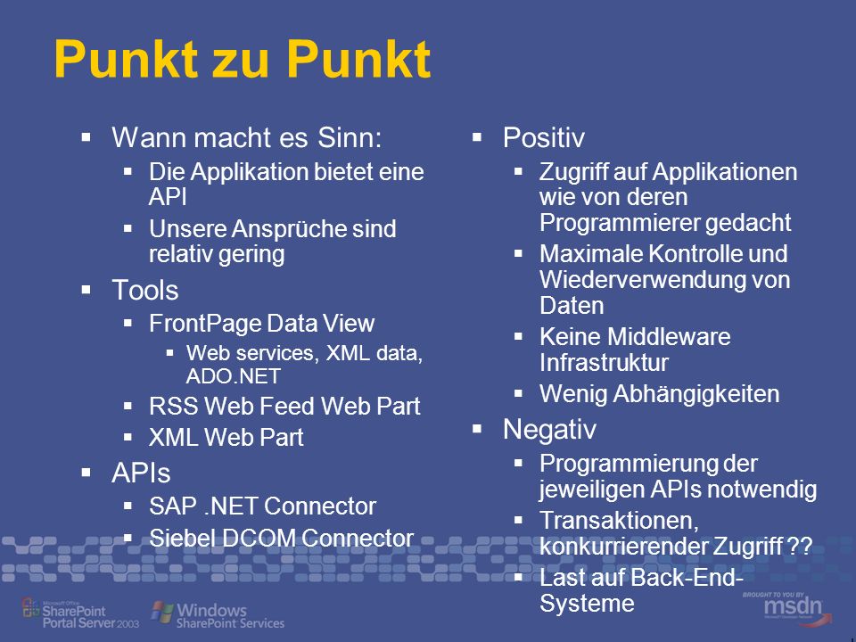 Punkt zu Punkt Wann macht es Sinn: Tools APIs Positiv Negativ