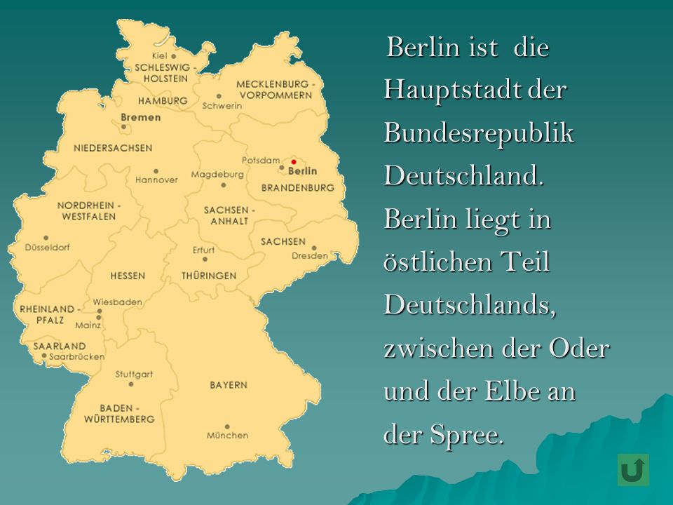 Berlin ist die Hauptstadt der. Bundesrepublik. Deutschland. Berlin liegt in. östlichen Teil. Deutschlands,