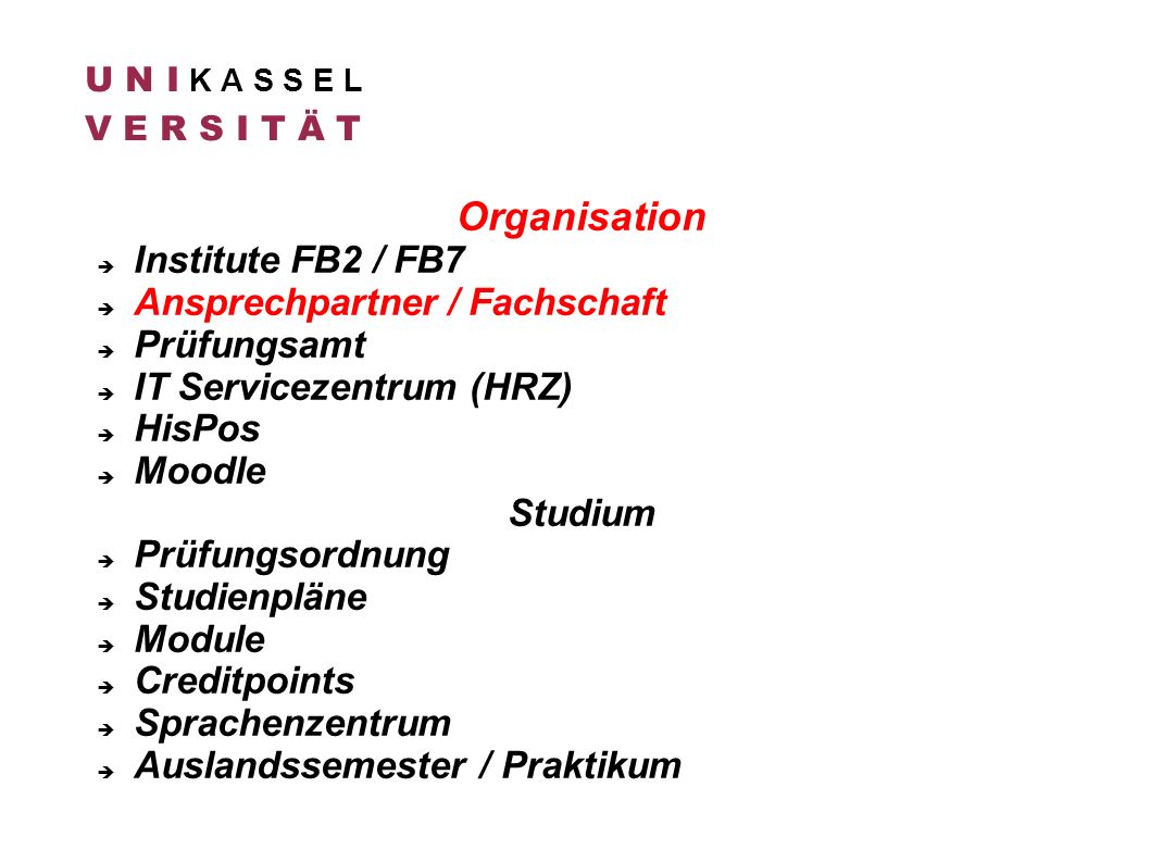 Organisation Institute FB2 / FB7 Ansprechpartner / Fachschaft