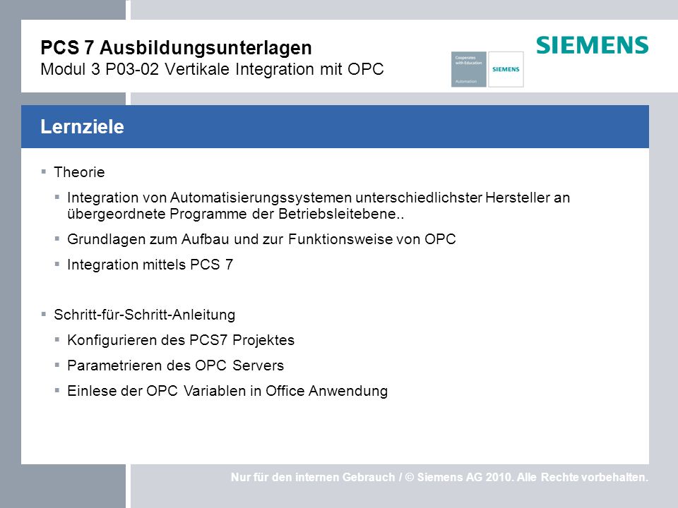 PCS 7 Ausbildungsunterlagen Modul 3 P03-02 Vertikale Integration mit OPC