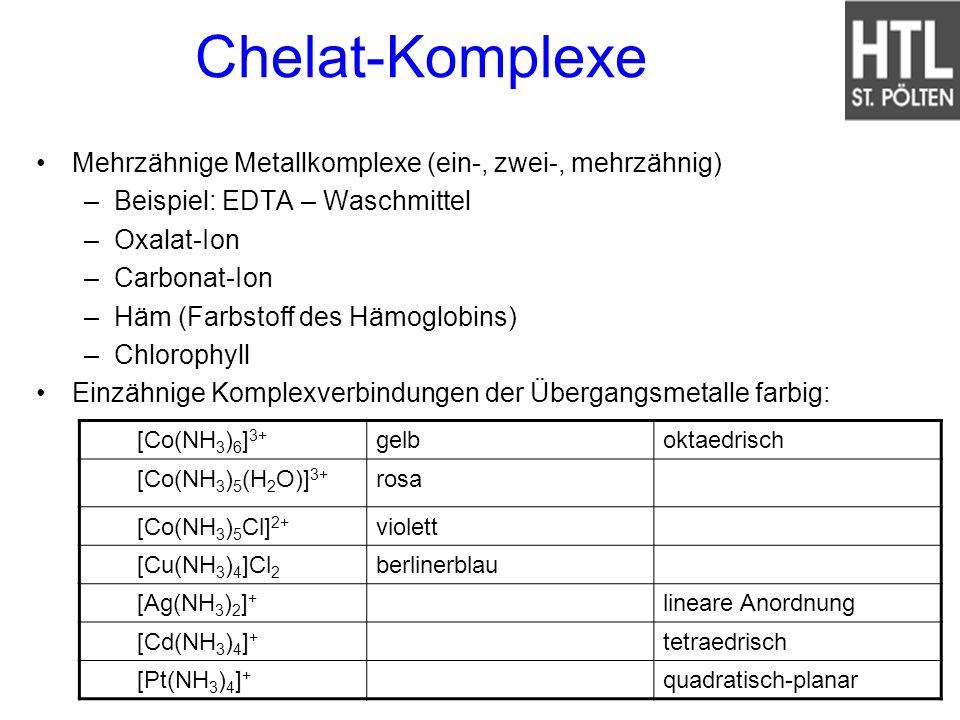 Chelat-Komplexe Mehrzähnige Metallkomplexe (ein-, zwei-, mehrzähnig)