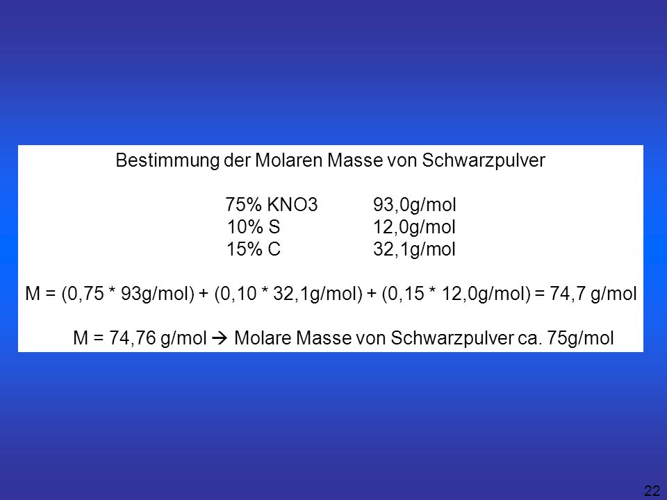 Bestimmung der Molaren Masse von Schwarzpulver 75% KNO3 93,0g/mol