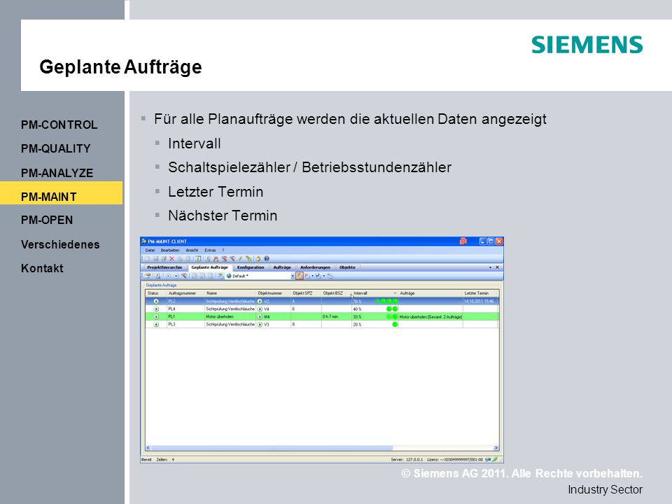 Geplante Aufträge PM-CONTROL. Für alle Planaufträge werden die aktuellen Daten angezeigt. Intervall.