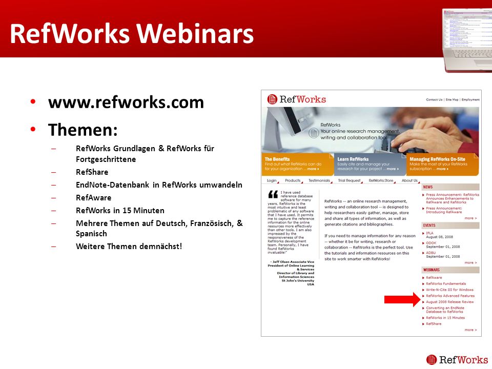 RefWorks Webinars   Themen: