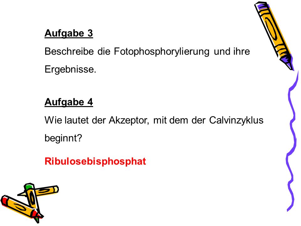 Aufgabe 3 Beschreibe die Fotophosphorylierung und ihre. Ergebnisse. Aufgabe 4. Wie lautet der Akzeptor, mit dem der Calvinzyklus.