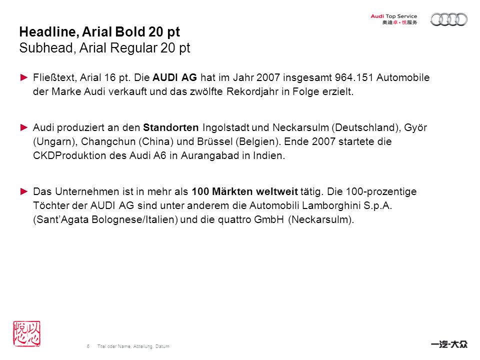 Headline, Arial Bold 20 pt Subhead, Arial Regular 20 pt