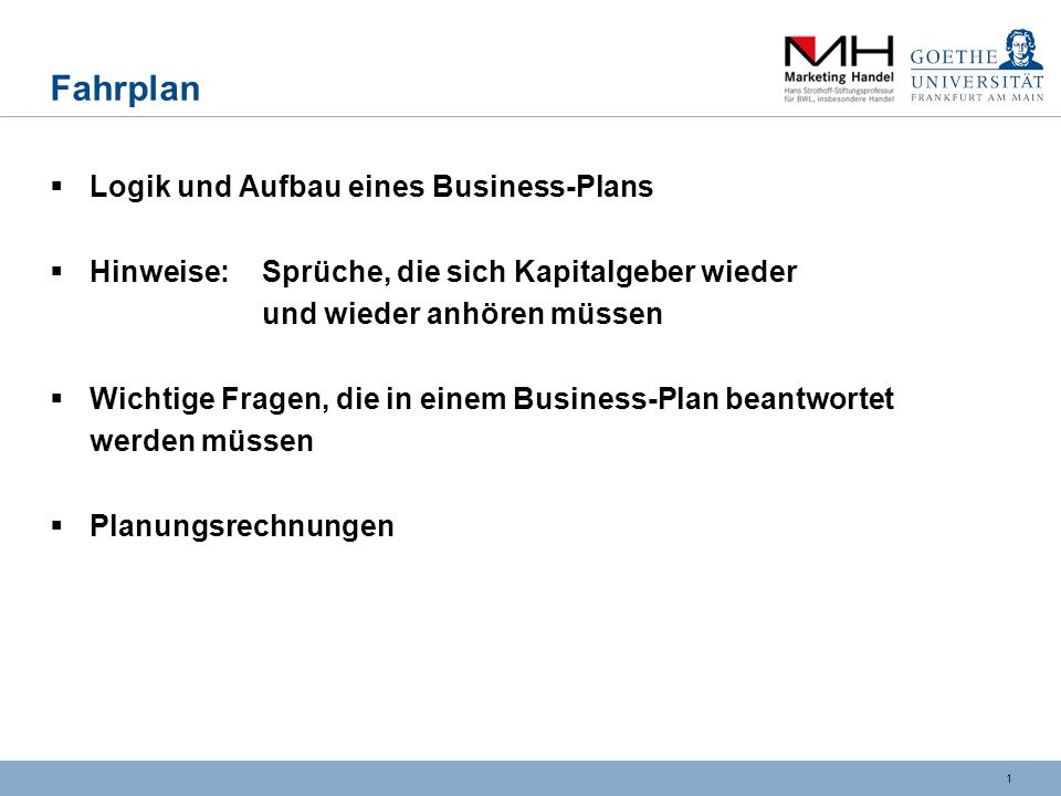 Fahrplan Logik und Aufbau eines Business-Plans