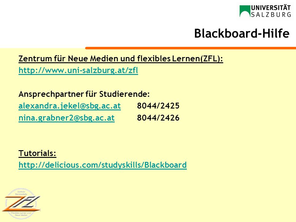 Blackboard-Hilfe Zentrum für Neue Medien und flexibles Lernen(ZFL):