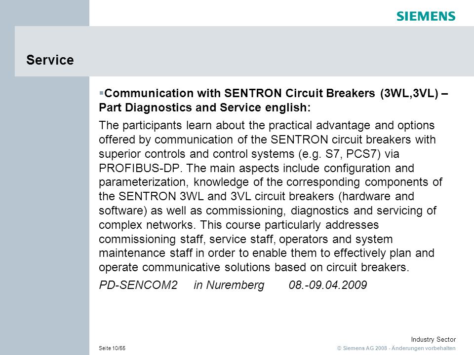 Service Communication with SENTRON Circuit Breakers (3WL,3VL) – Part Diagnostics and Service english:
