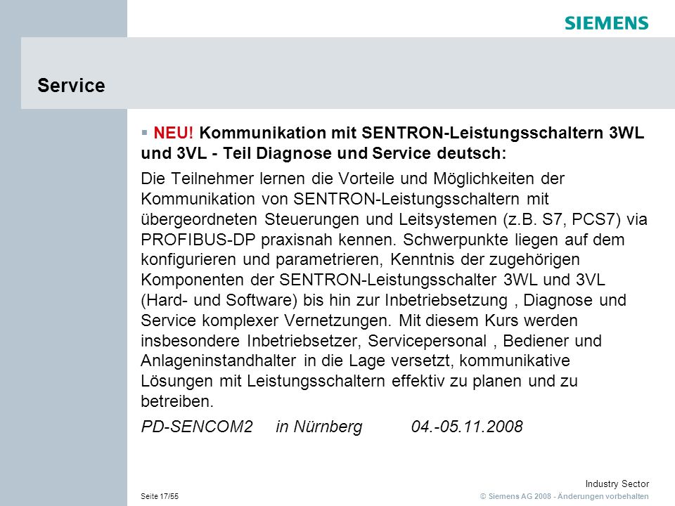 Service NEU! Kommunikation mit SENTRON-Leistungsschaltern 3WL und 3VL - Teil Diagnose und Service deutsch: