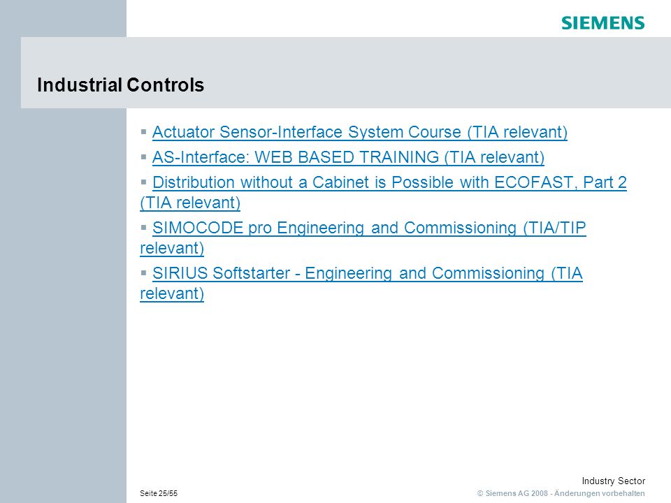 Industrial Controls Actuator Sensor-Interface System Course (TIA relevant) AS-Interface: WEB BASED TRAINING (TIA relevant)