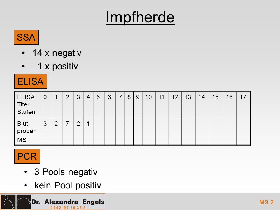 Impfherde SSA 14 x negativ 1 x positiv ELISA PCR 3 Pools negativ