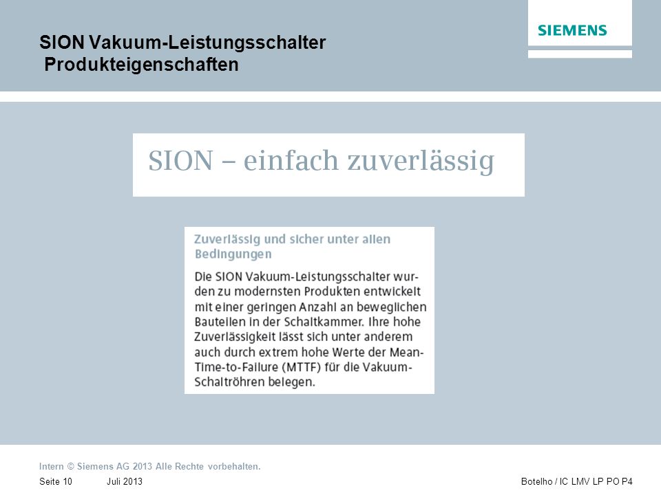 SION Vakuum-Leistungsschalter Produkteigenschaften