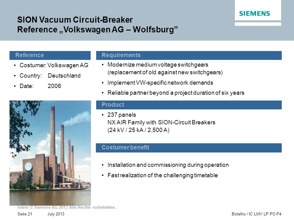 SION Vacuum Circuit-Breaker Reference „Volkswagen AG – Wolfsburg