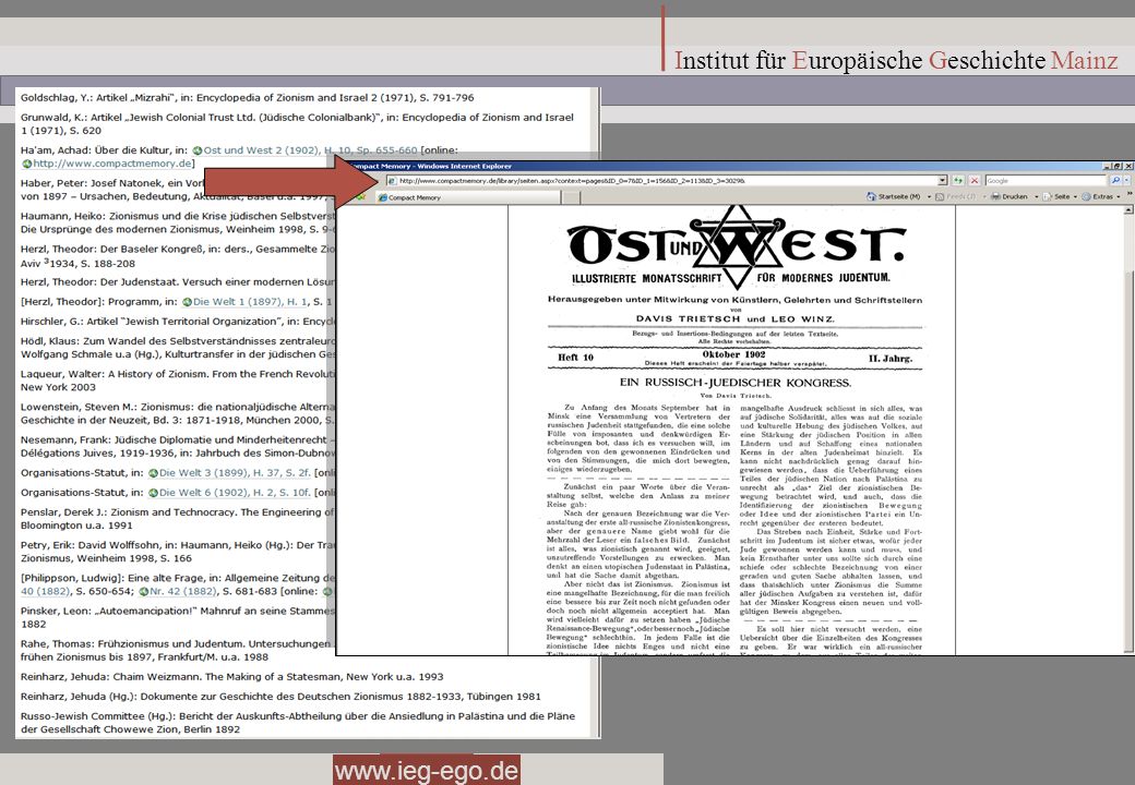 Via reference and citation links EGO also integrates evaluated external scholarly resources as can be seen here