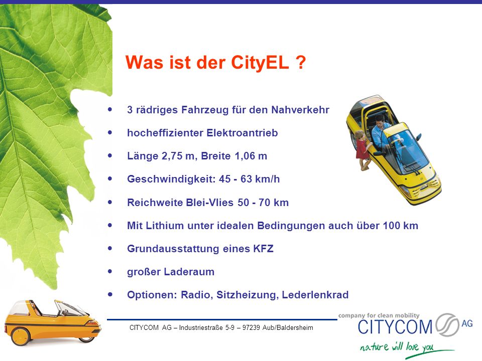 Was ist der CityEL 3 rädriges Fahrzeug für den Nahverkehr