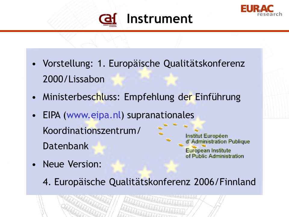 Instrument Vorstellung: 1. Europäische Qualitätskonferenz 2000/Lissabon. Ministerbeschluss: Empfehlung der Einführung.
