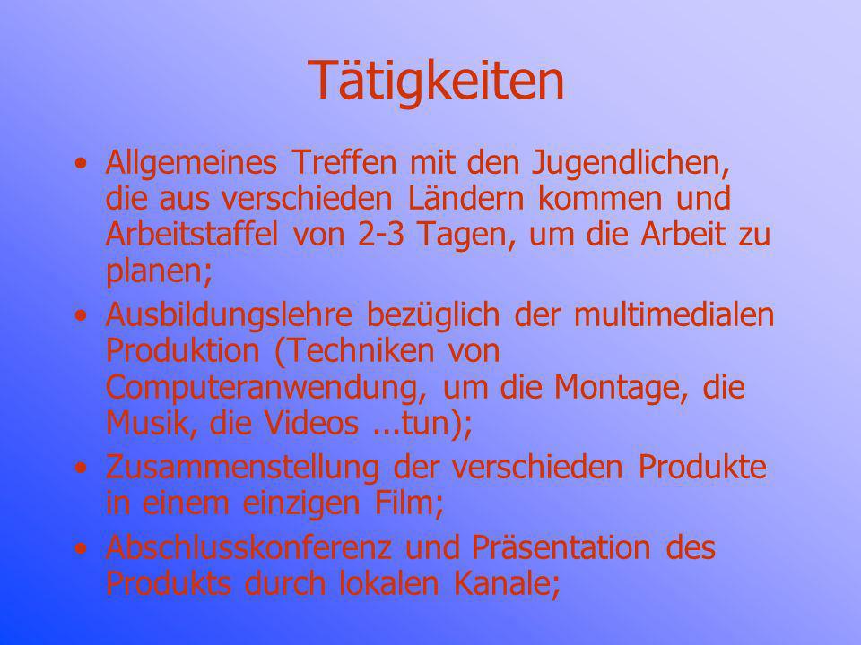 Tätigkeiten Allgemeines Treffen mit den Jugendlichen, die aus verschieden Ländern kommen und Arbeitstaffel von 2-3 Tagen, um die Arbeit zu planen;
