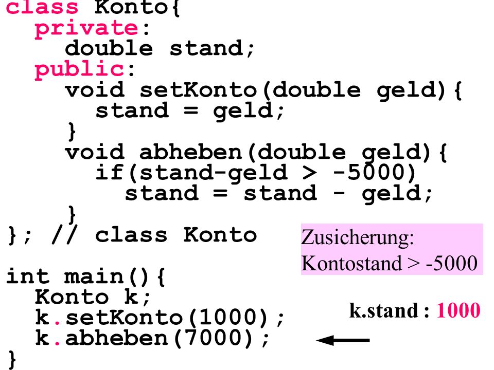 void setKonto(double geld){ stand = geld; } void abheben(double geld){