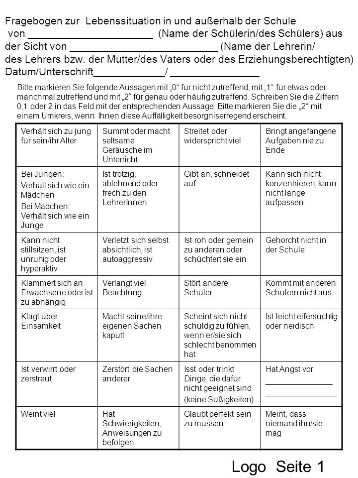 Fragebogen zur Lebenssituation in und außerhalb der Schule von _____________________ (Name der Schülerin/des Schülers) aus der Sicht von _________________________ (Name der Lehrerin/ des Lehrers bzw. der Mutter/des Vaters oder des Erziehungsberechtigten) Datum/Unterschrift____________/ _______________
