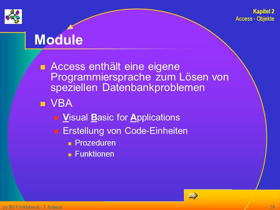 Kapitel 2 Access - Objekte. Module. Access enthält eine eigene Programmiersprache zum Lösen von speziellen Datenbankproblemen.