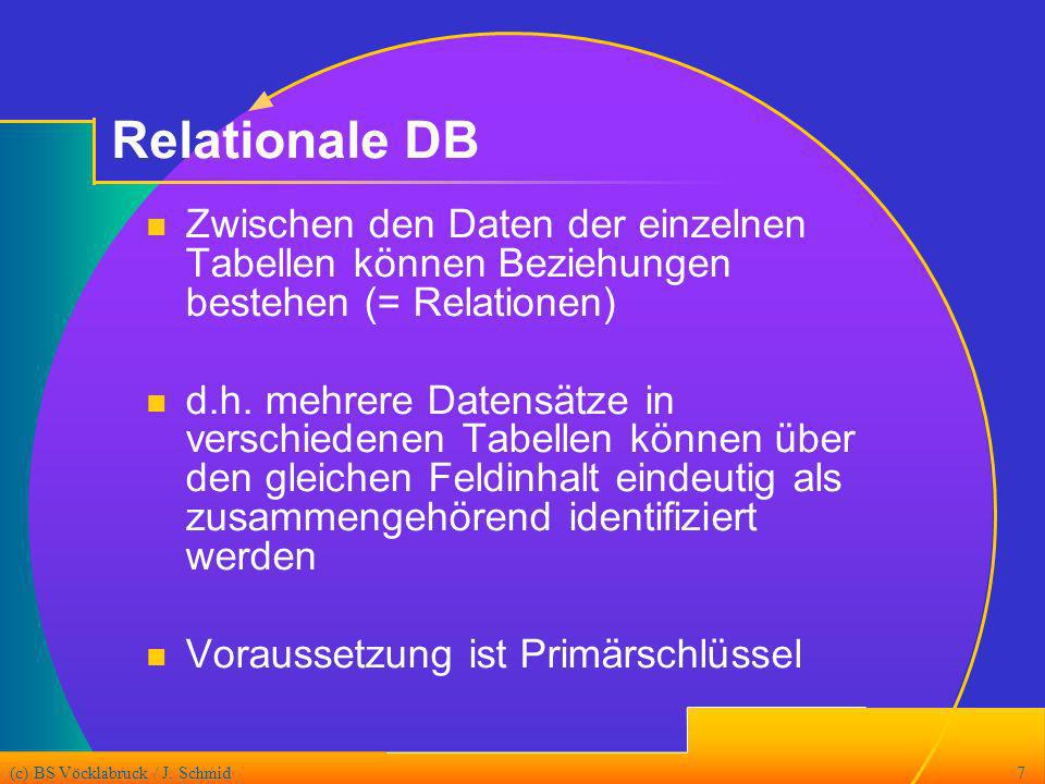 Relationale DB Zwischen den Daten der einzelnen Tabellen können Beziehungen bestehen (= Relationen)