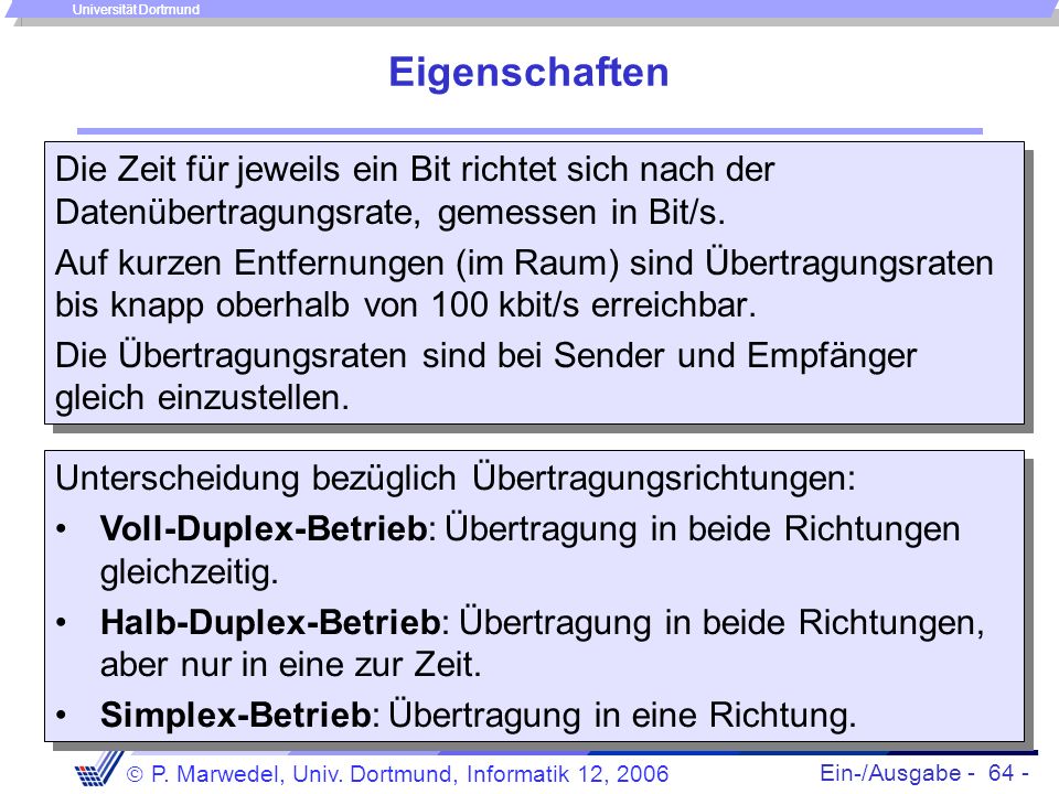 Eigenschaften Die Zeit für jeweils ein Bit richtet sich nach der Datenübertragungsrate, gemessen in Bit/s.