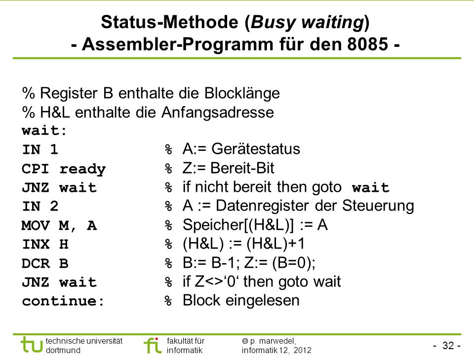 Status-Methode (Busy waiting) - Assembler-Programm für den