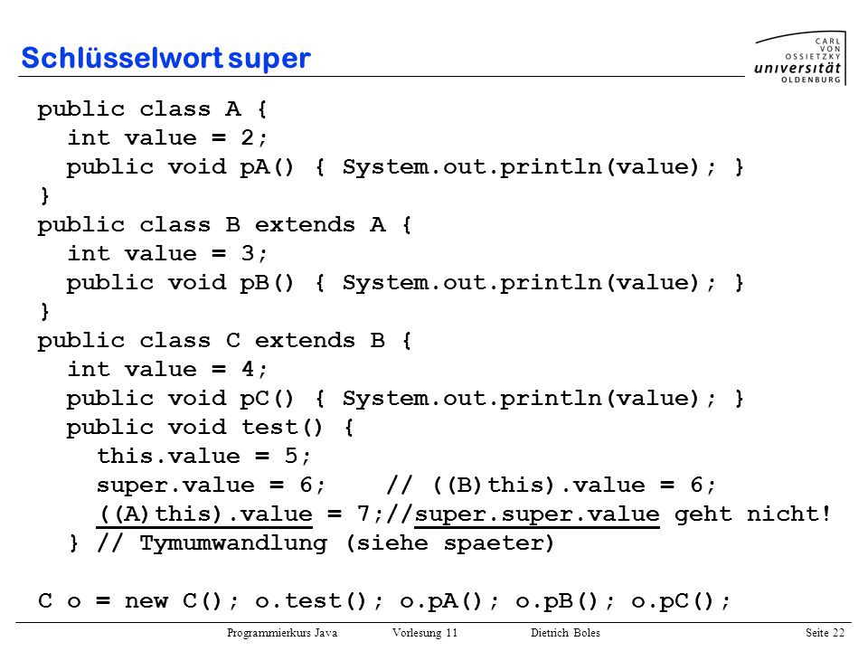 Schlüsselwort super public class A { int value = 2;