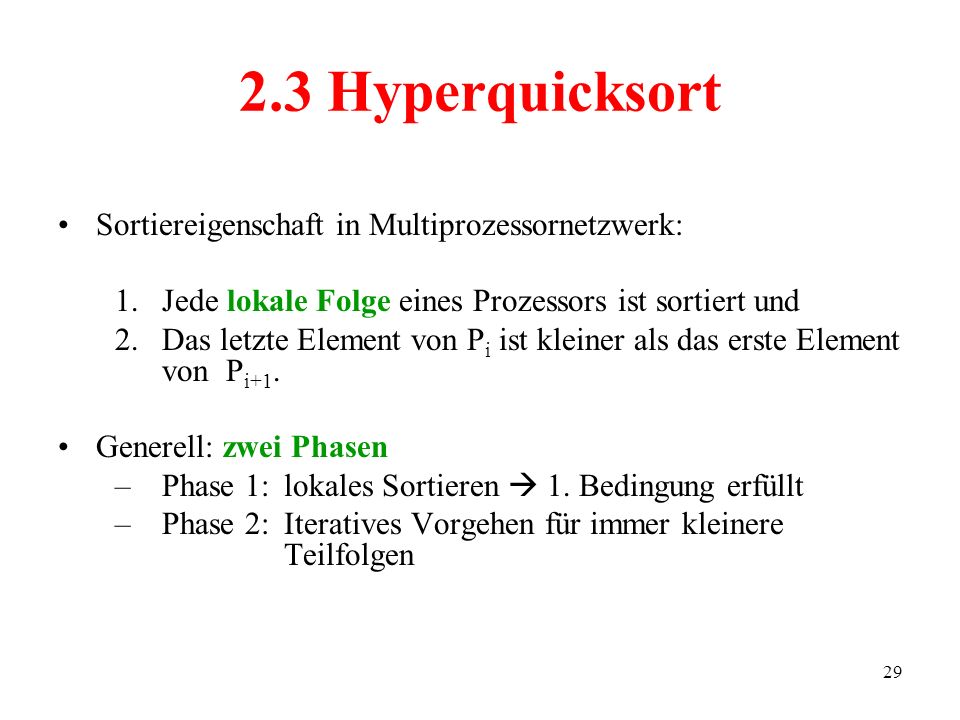 2.3 Hyperquicksort Sortiereigenschaft in Multiprozessornetzwerk: