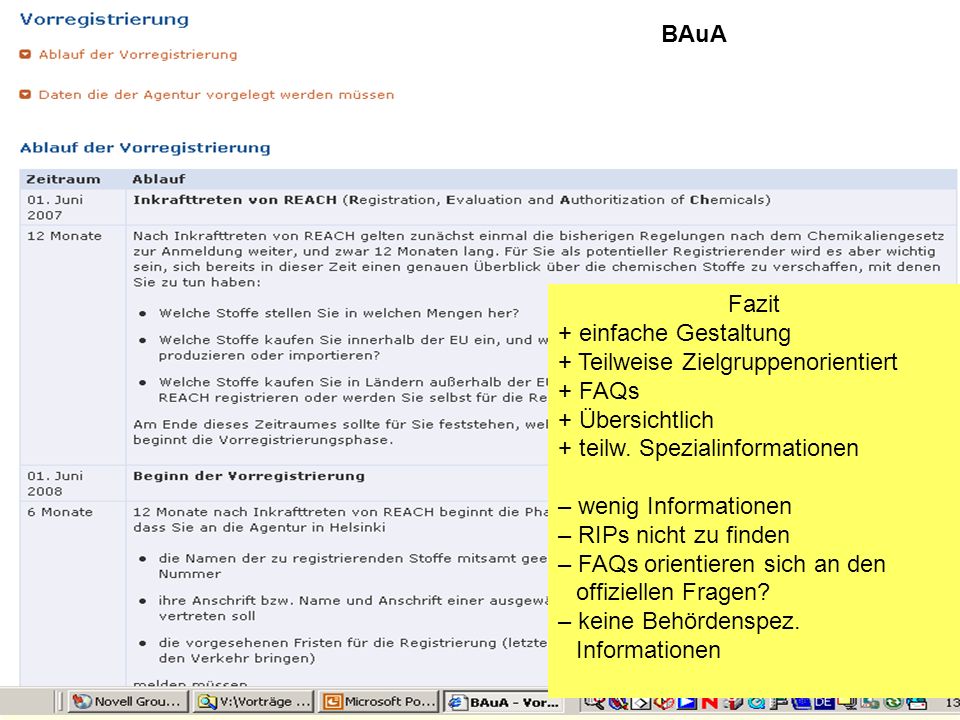 BAuA Fazit. einfache Gestaltung. Teilweise Zielgruppenorientiert. FAQs. Übersichtlich. teilw. Spezialinformationen.