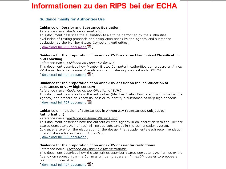 Informationen zu den RIPS bei der ECHA