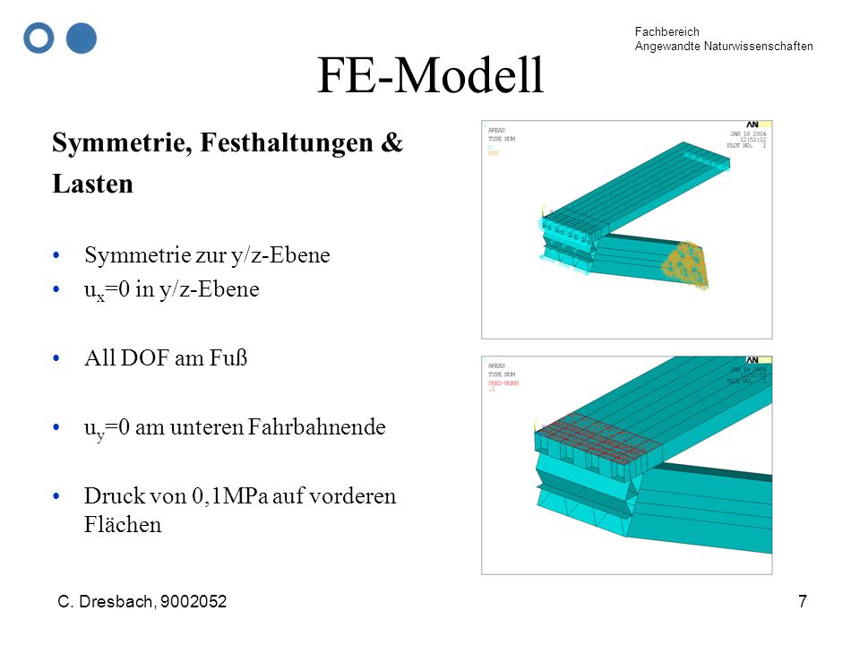 FE-Modell Symmetrie, Festhaltungen & Lasten Symmetrie zur y/z-Ebene