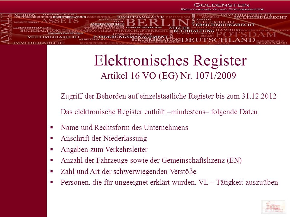 Elektronisches Register Artikel 16 VO (EG) Nr. 1071/2009
