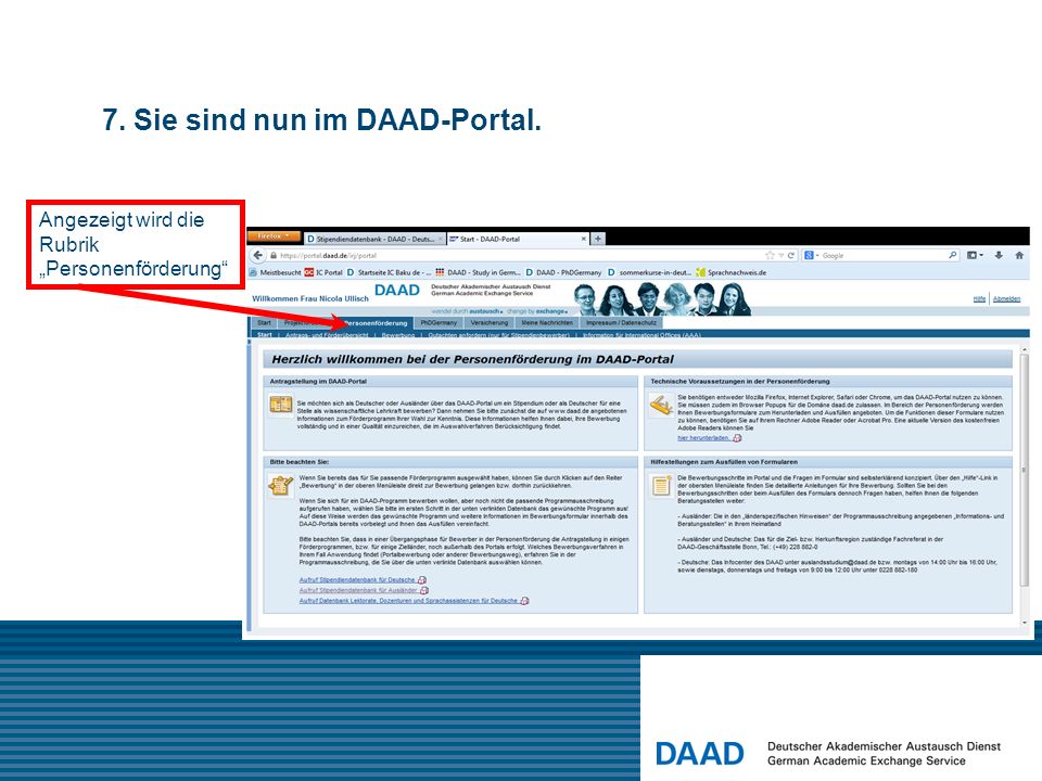 7. Sie sind nun im DAAD-Portal.