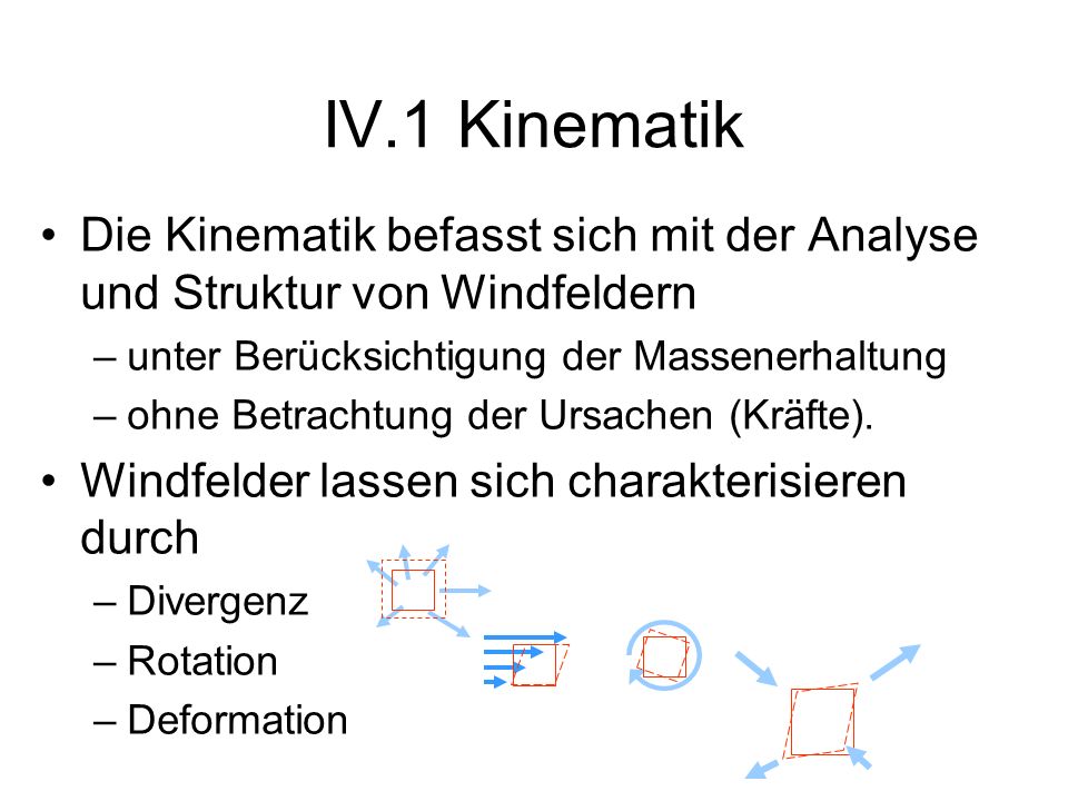 IV.1 Kinematik Die Kinematik befasst sich mit der Analyse und Struktur von Windfeldern. unter Berücksichtigung der Massenerhaltung.