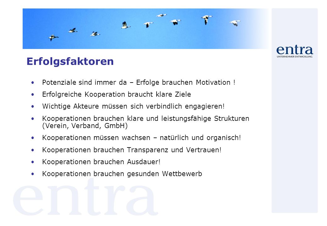 Erfolgsfaktoren Potenziale sind immer da – Erfolge brauchen Motivation ! Erfolgreiche Kooperation braucht klare Ziele.