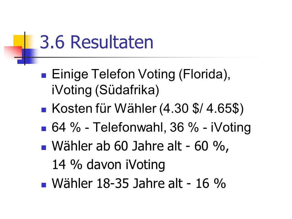 3.6 Resultaten Einige Telefon Voting (Florida), iVoting (Südafrika)