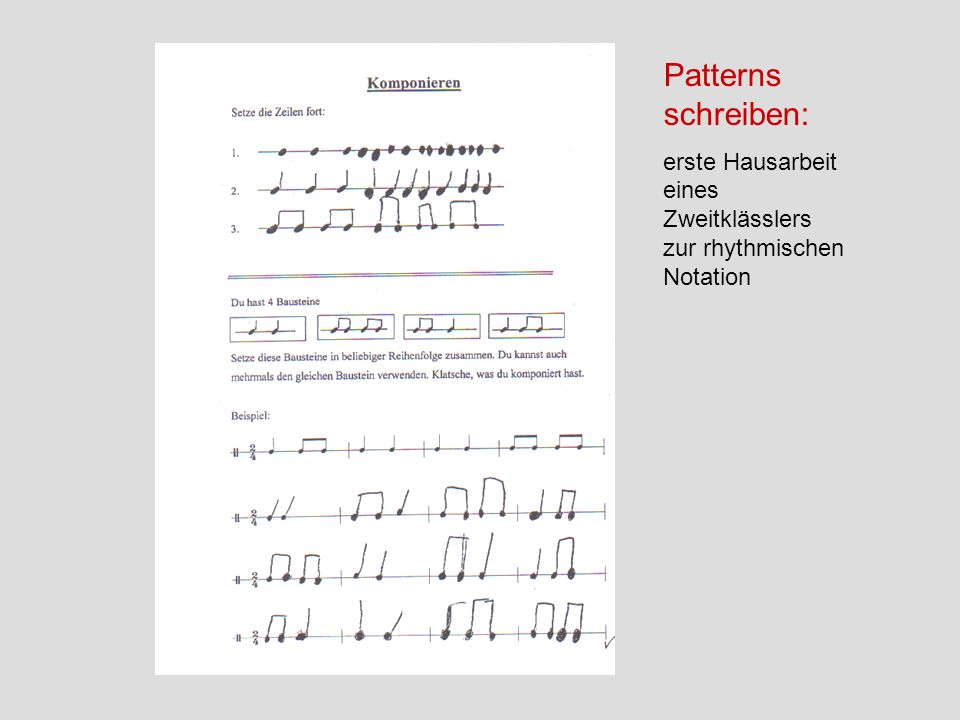 Patterns schreiben: erste Hausarbeit eines Zweitklässlers zur rhythmischen Notation