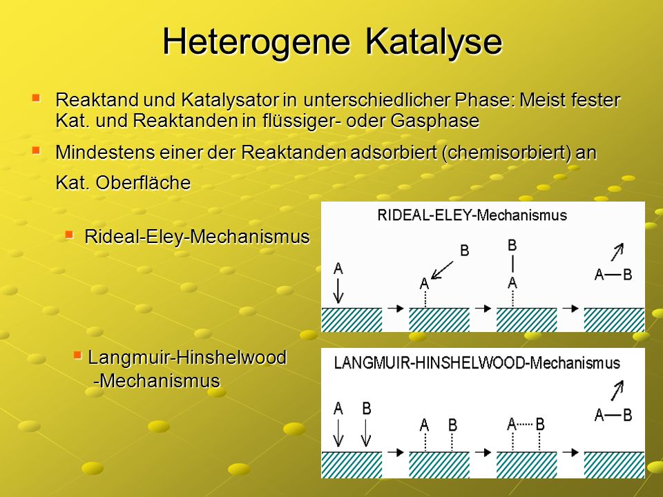Heterogene Katalyse Reaktand und Katalysator in unterschiedlicher Phase: Meist fester Kat. und Reaktanden in flüssiger- oder Gasphase.